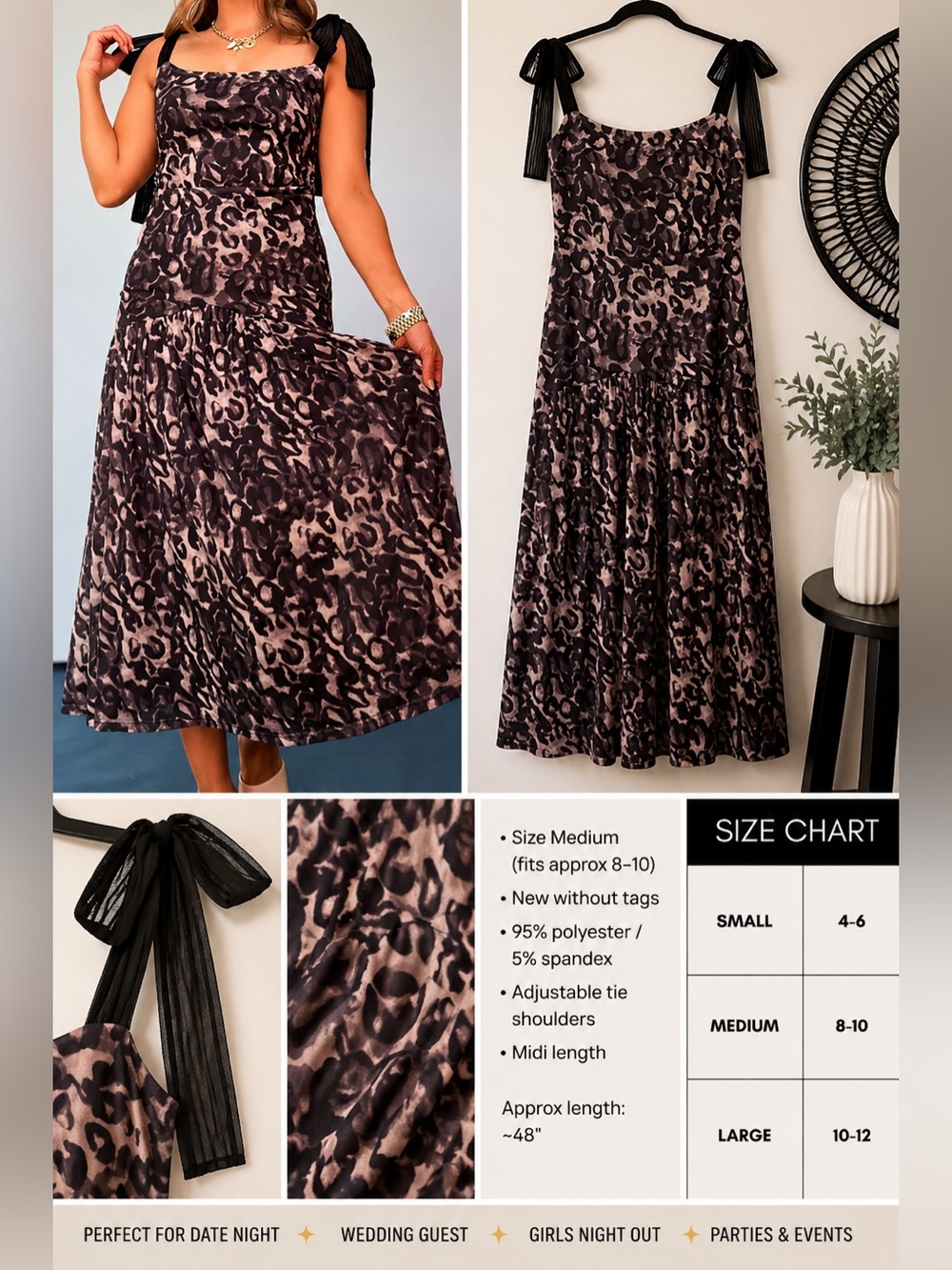 ABLE Animal Print Midi Dress Medium Tie Shoulder Mesh Brown Black Wedding Guest